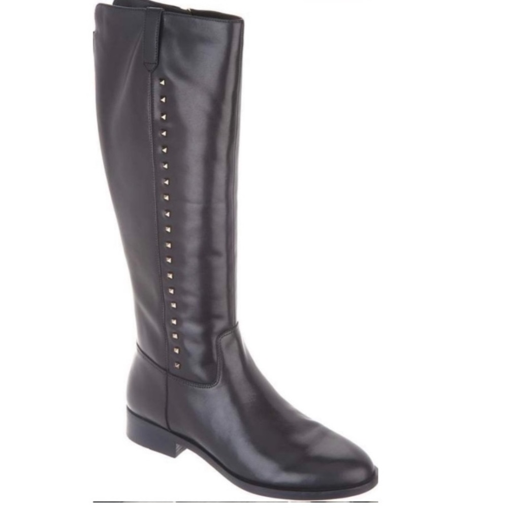 Marc Fisher Black Leather Knee-High Studded Heeled Boots